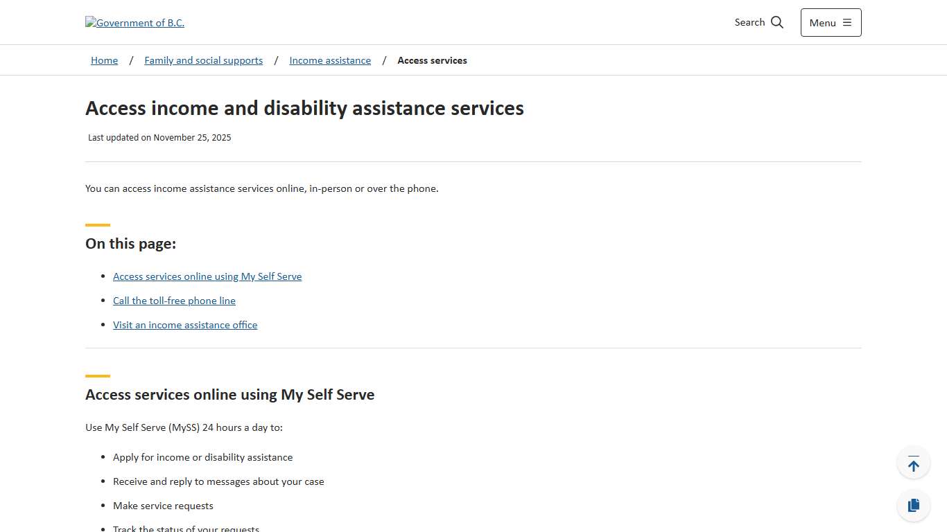 Access income and disability assistance services - Province of British Columbia